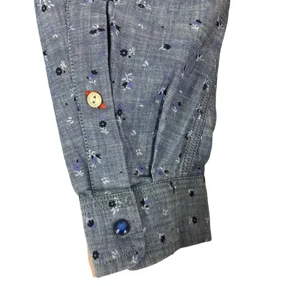 Nwot DIESEL Shirt M Grey Floral Blue-Snaps Logo Pocket Long-Sleeve Cotton“Sermon